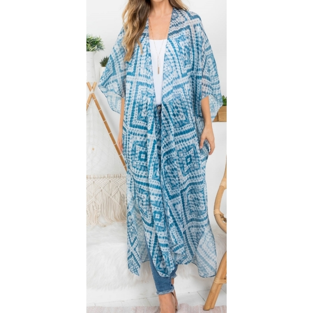 5⭐Long flowy boho diamond blue chiffon open front maxi kimono duster cardigan
